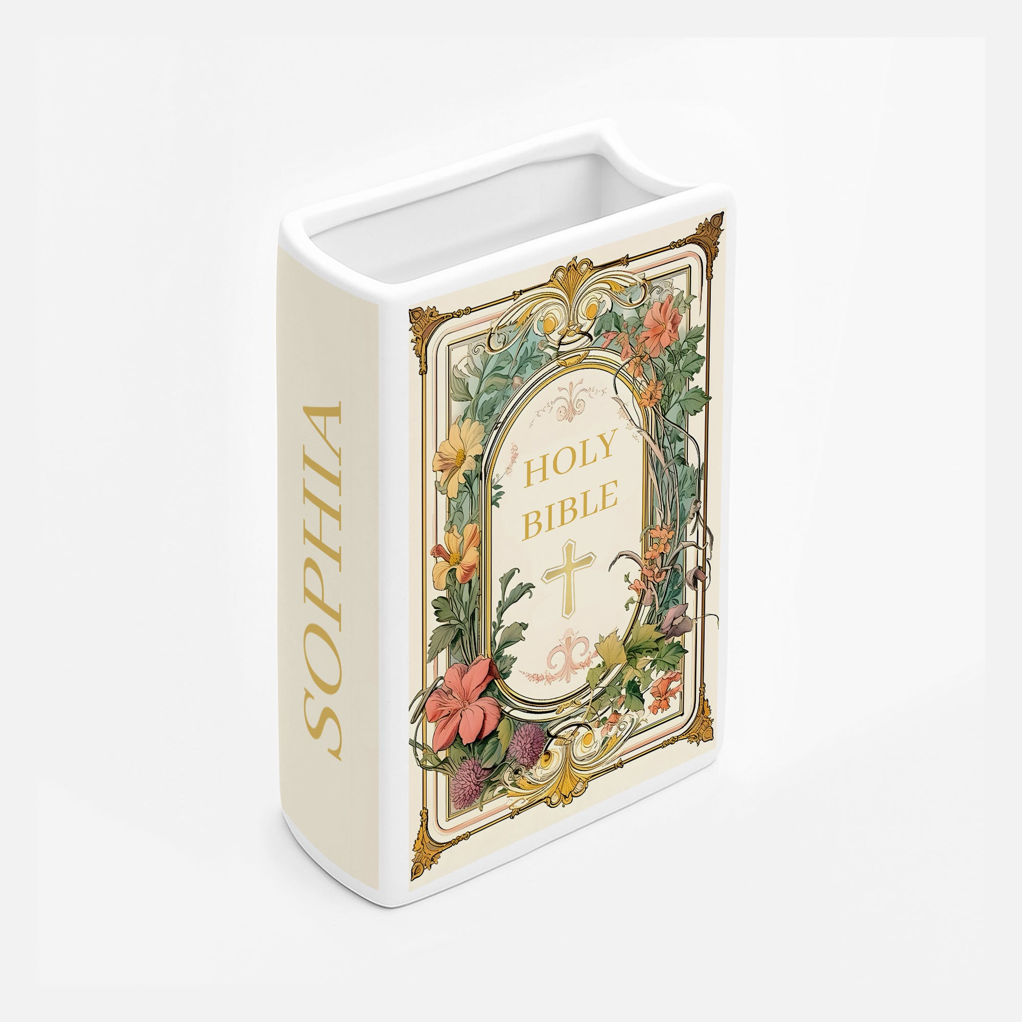 Personalized Holy Bible Book Vase, Personalized Faith Gift with Scripture, Cross & Flowers for Religious Decor CBLAF12